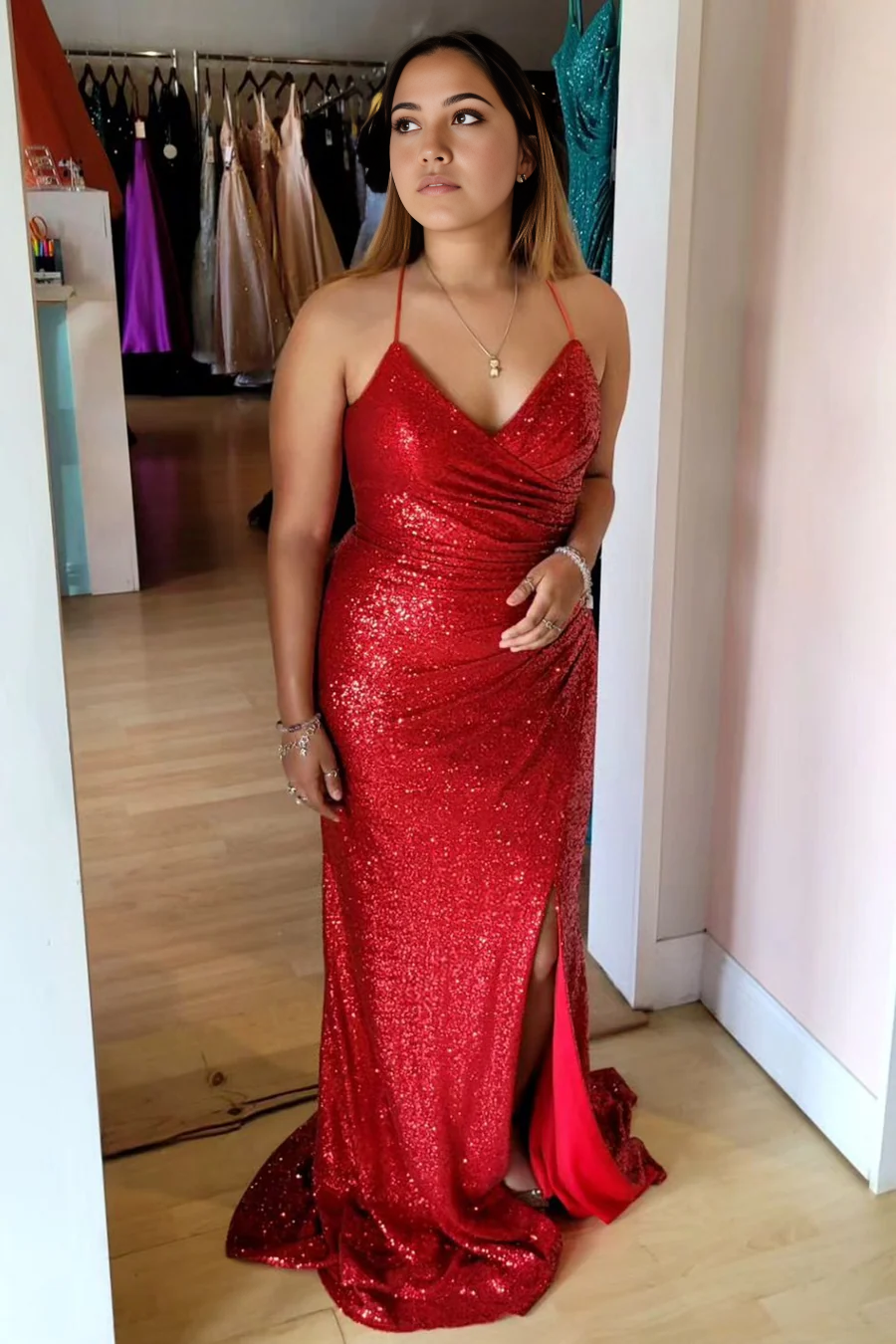 Mermaid V-Neck Sequin Lace-Up Red Long formal dresses Bridesmaid Dresses evening gown Prom Dress with Slit