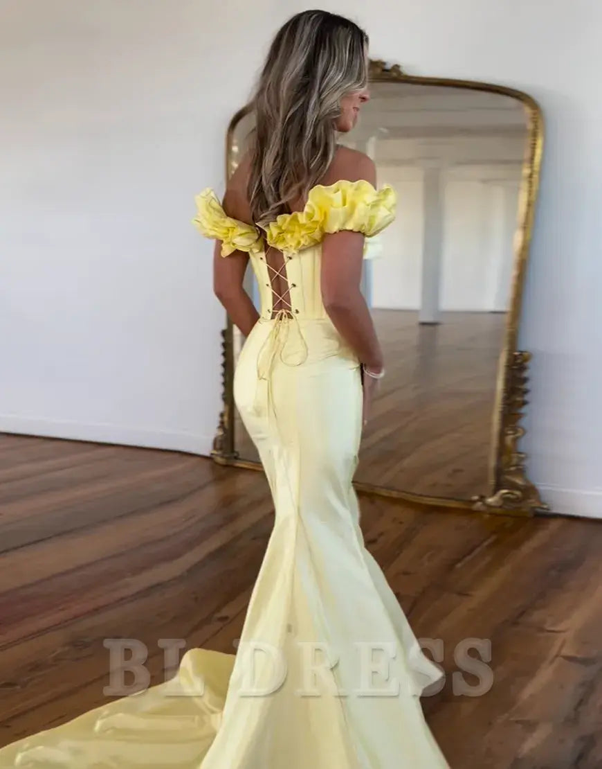 Mermaid Ruffled Off the Shoulder Corset Yellow Long formal dresses evening gown Prom Dress with Slit