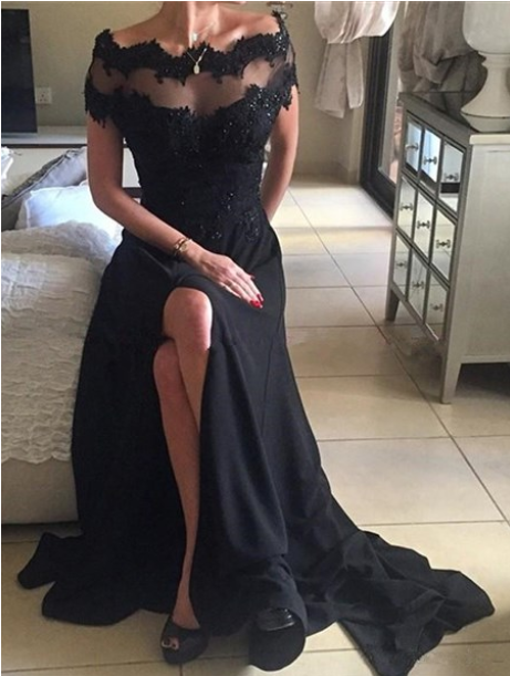 Black Short-Sleeve Embellished Illusion Gown With Side Cutouts