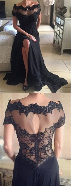 Black Short-Sleeve Embellished Illusion Gown With Side Cutouts