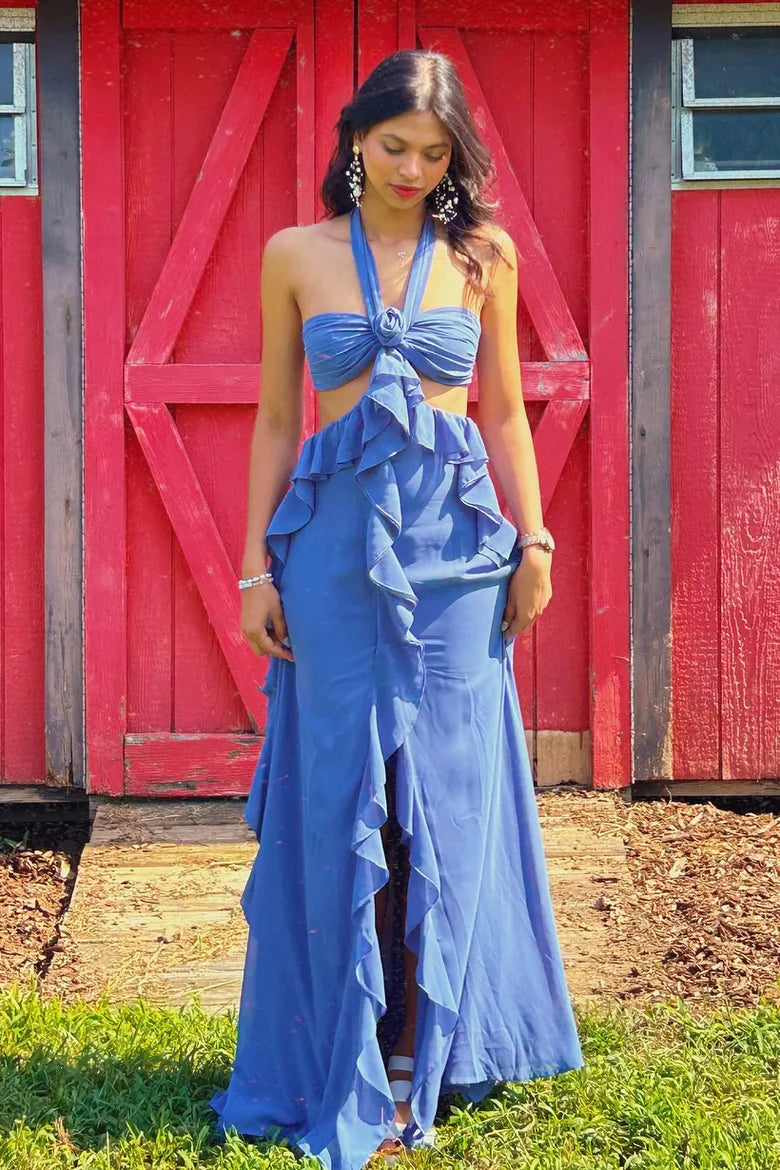 Pretty Halter Illusion Empire Ruffle Chiffon Long Party Prom Dress