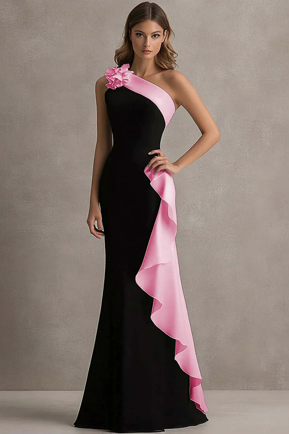 Black White One Shoulder Long Black Tie Dress with 3D Flowers