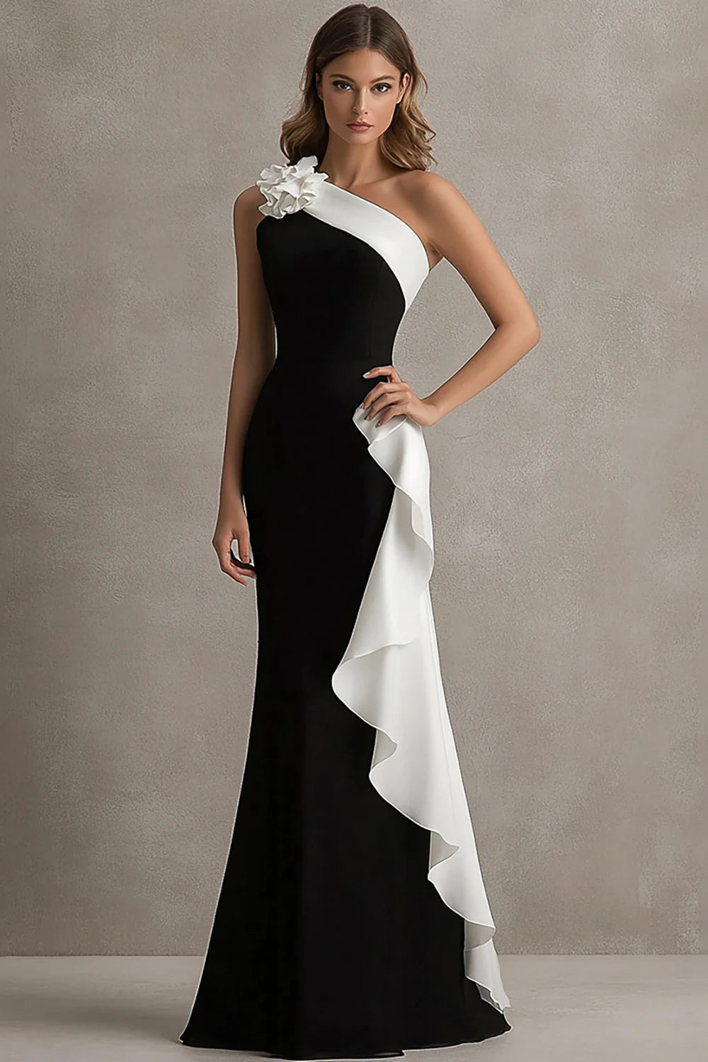 Black White One Shoulder Long Black Tie Dress with 3D Flowers
