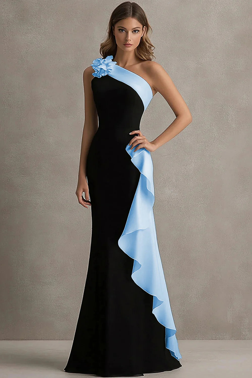 Black White One Shoulder Long Black Tie Dress with 3D Flowers