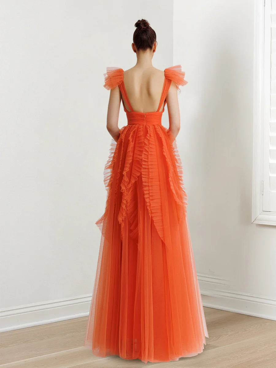 A-Line/Princess V-Neck Flutter Straps Floor-length Long Prom Dresses Whit Ruffled/Pleated