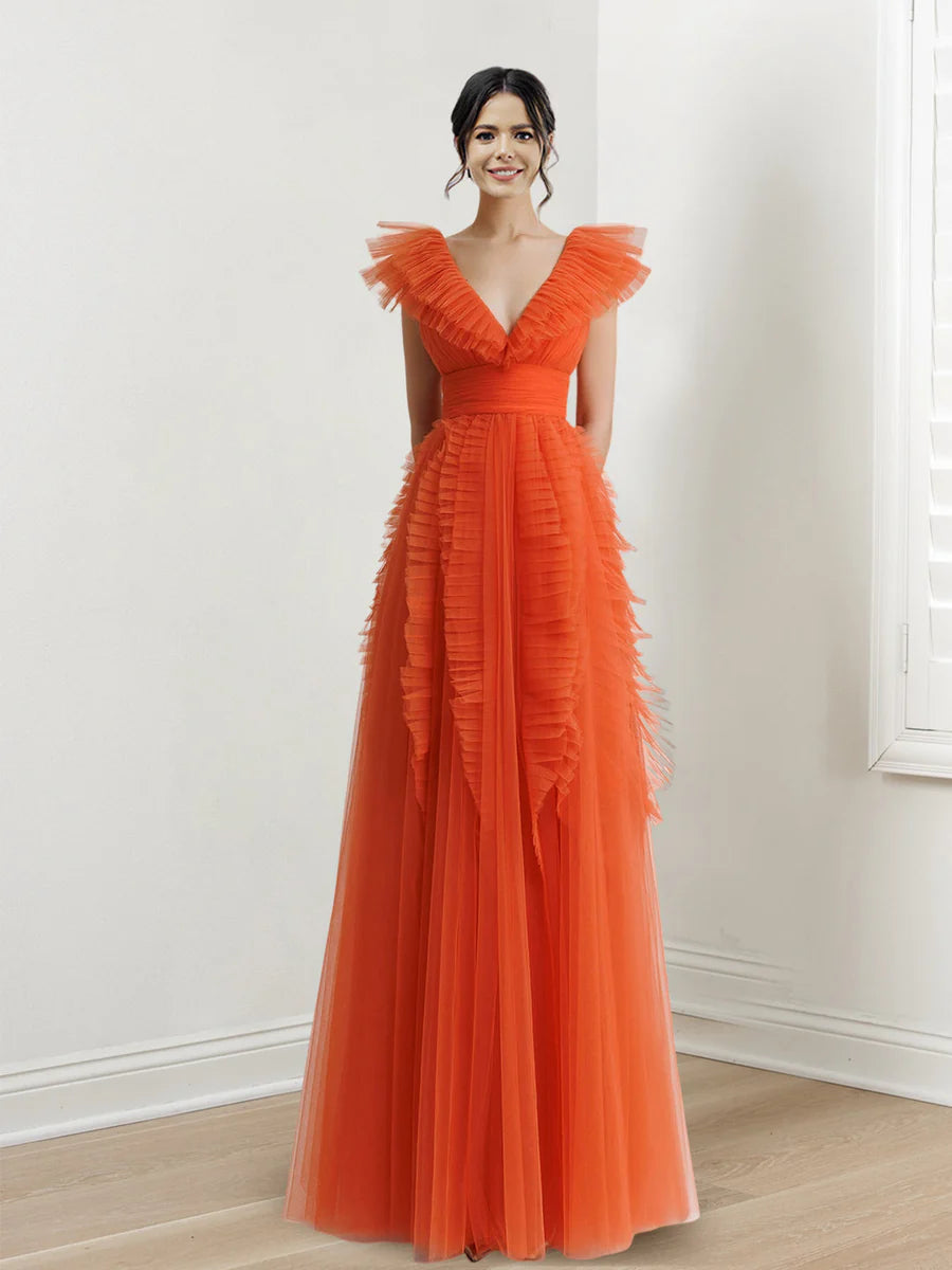 A-Line/Princess V-Neck Flutter Straps Floor-length Long Prom Dresses Whit Ruffled/Pleated