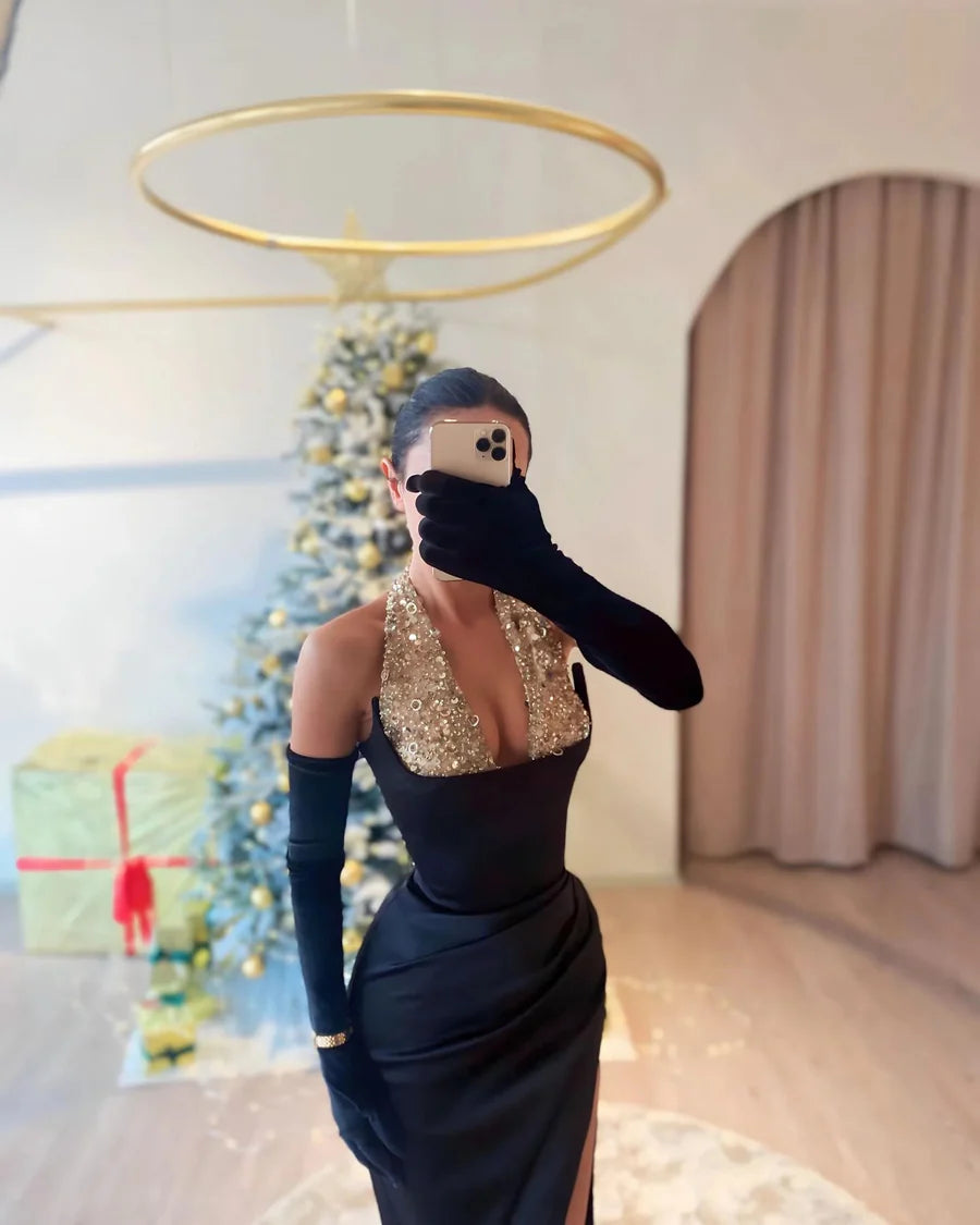 Sheath/Column Halter Sequins Evening Dresses Floor-length With Split Side