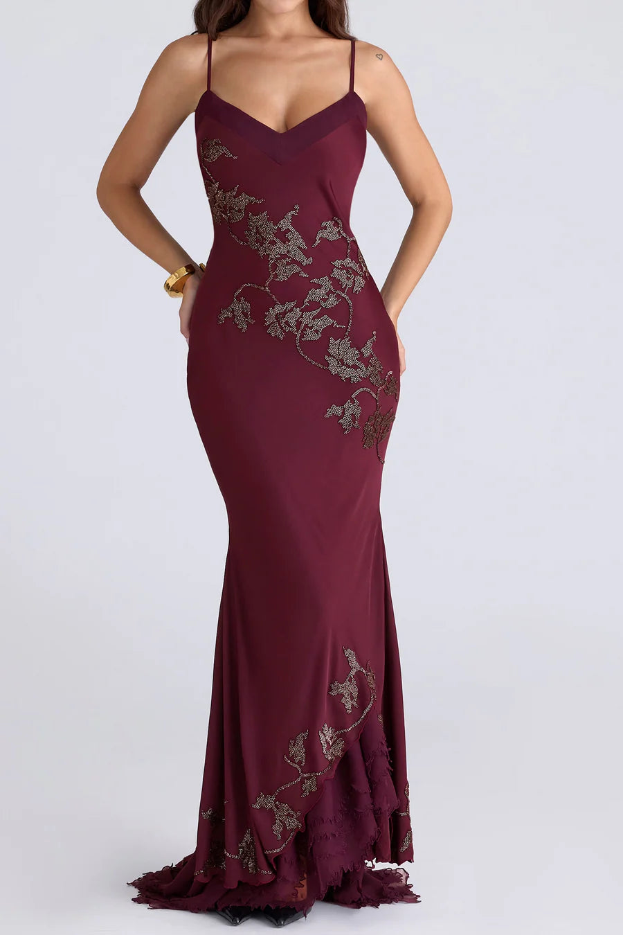 Chic V-Neck Spaghetti Straps Appliques Prom Party Dress