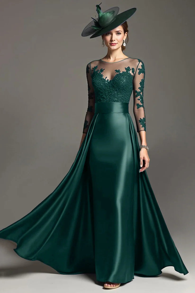 Navy Illusion Neck Long Satin Mother of the Bride Dress with Lace