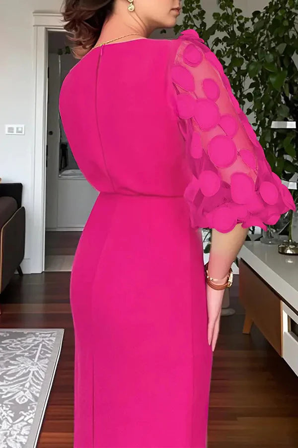 Solid Color Polka Dot Lantern Sleeve Slim High Waist Midi Dress