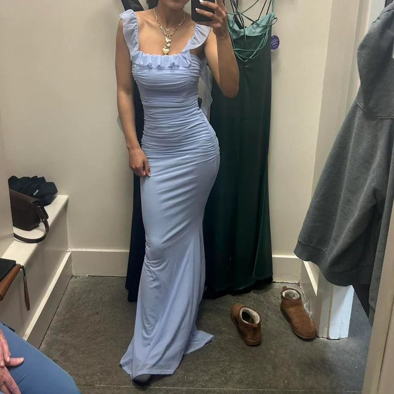 Elegant Mermaid Square Lavender Satin Pleated Ruffles Long Prom Dresses Formal Dress