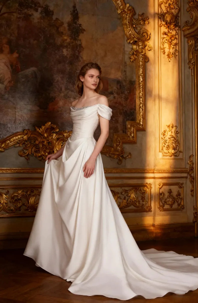 Wedding Dress Off Shoulder Satin A Line | Bridal Gown with Draped Detailing Choker Style