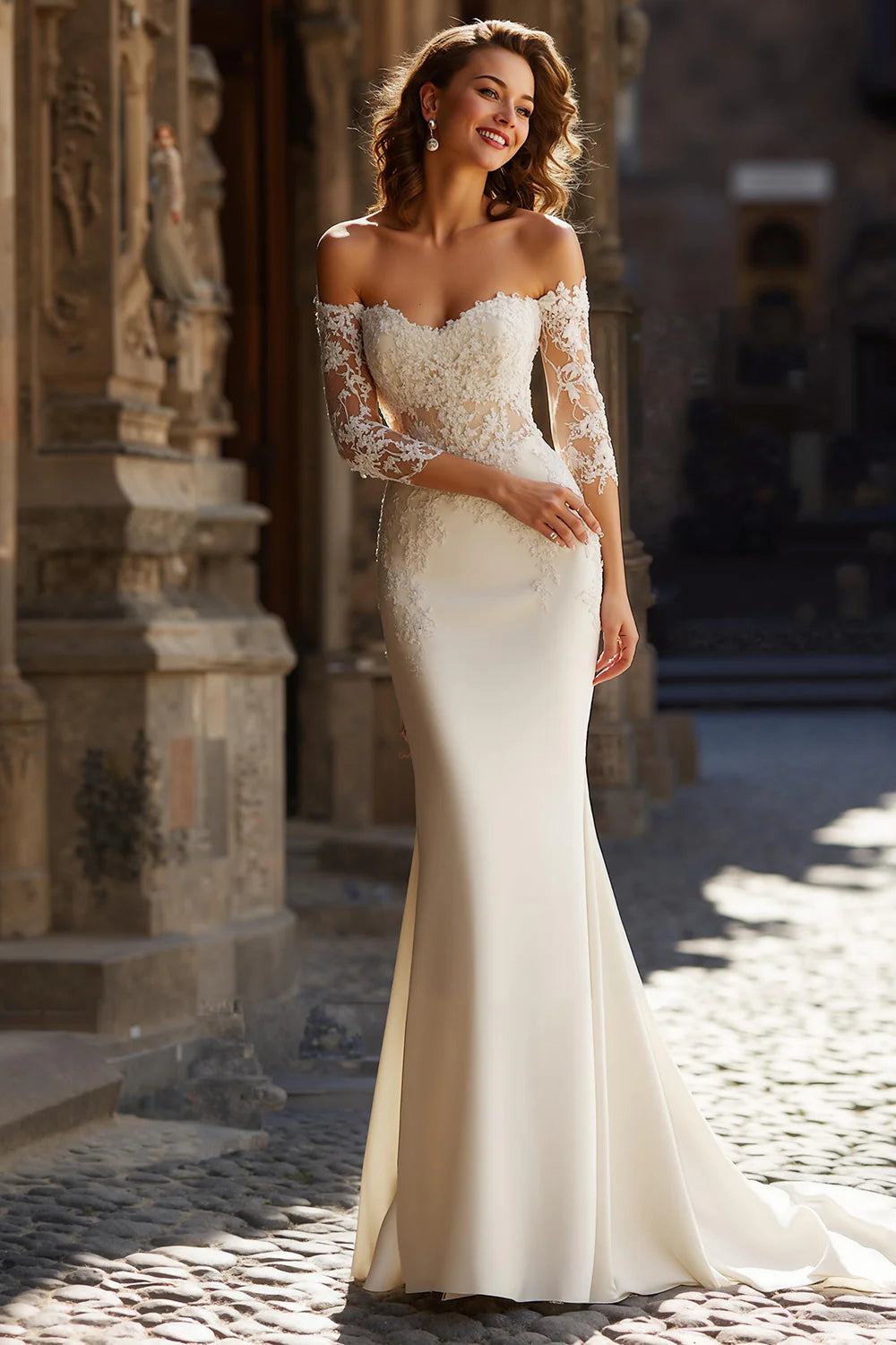 Off the Shoulder Mermaid Ivory Lace Appliqued Court Train Wedding Dres – BL  Dress
