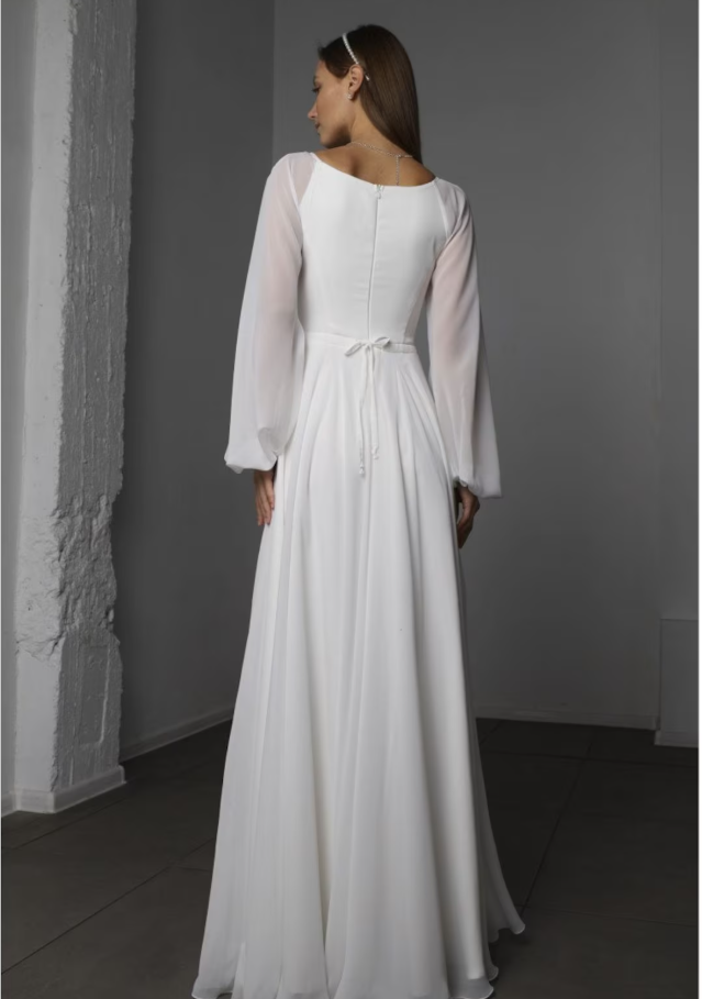 Elegant White Chiffon Maxi Dress with Long Puff Sleeves - Perfect for Any Occasion: Bride White Dress | Long Sleeve Simple Wedding Dress
