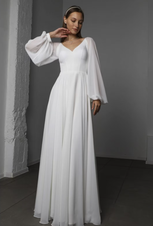 Elegant White Chiffon Maxi Dress with Long Puff Sleeves - Perfect for Any Occasion: Bride White Dress | Long Sleeve Simple Wedding Dress