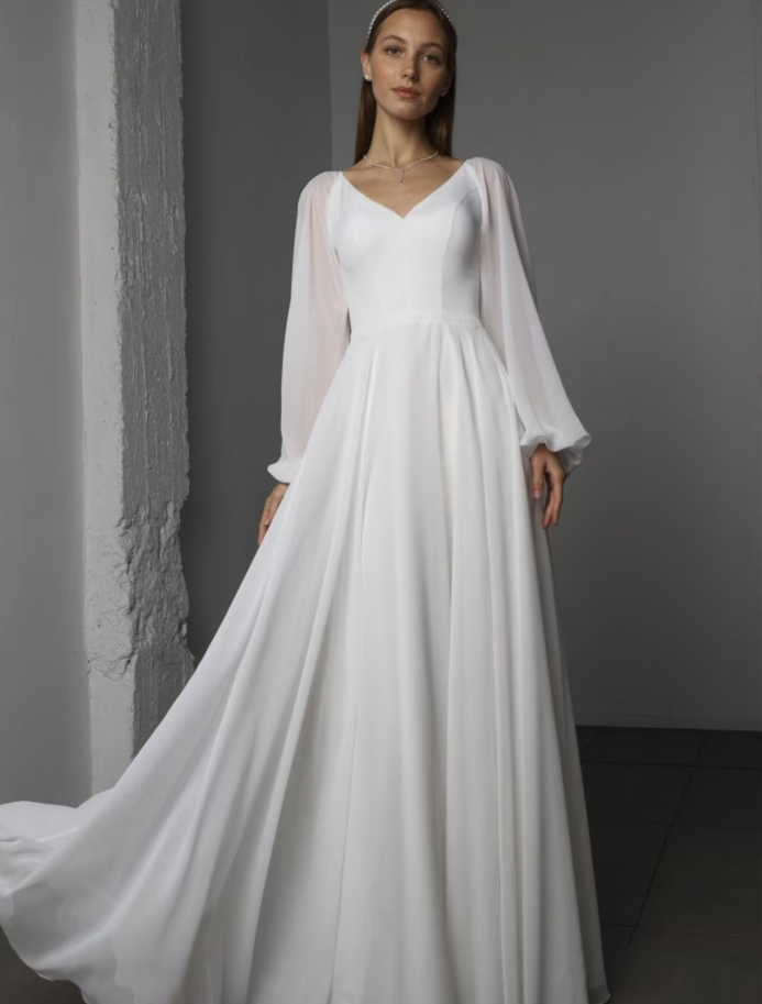 Elegant White Chiffon Maxi Dress with Long Puff Sleeves - Perfect for Any Occasion: Bride White Dress | Long Sleeve Simple Wedding Dress