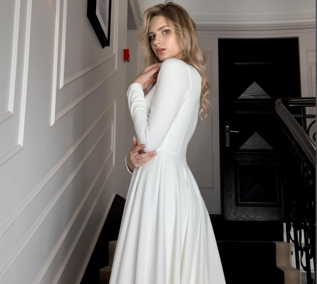 Long V Neck sleeve Modest chapel Train wedding dress