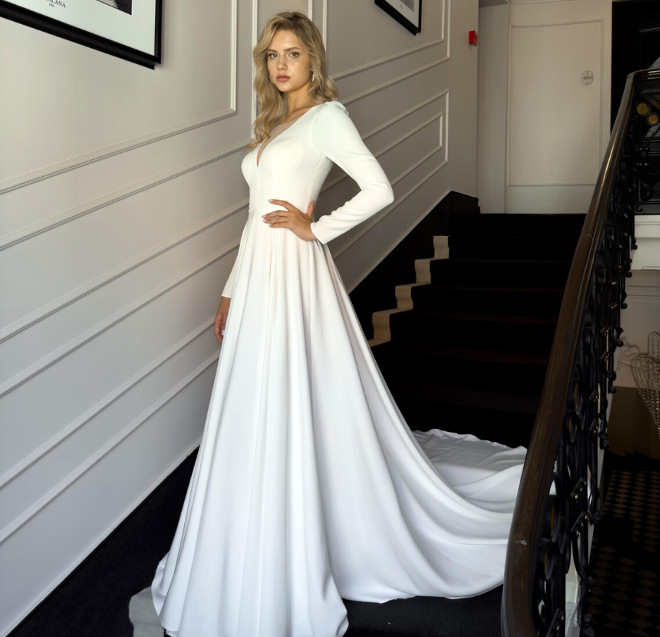 Long V Neck sleeve Modest chapel Train wedding dress