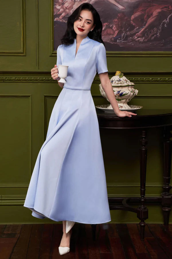 Elegant  Small  V Neck Short Sleeve Ankle-Length Prom Dresses Evening Dresses