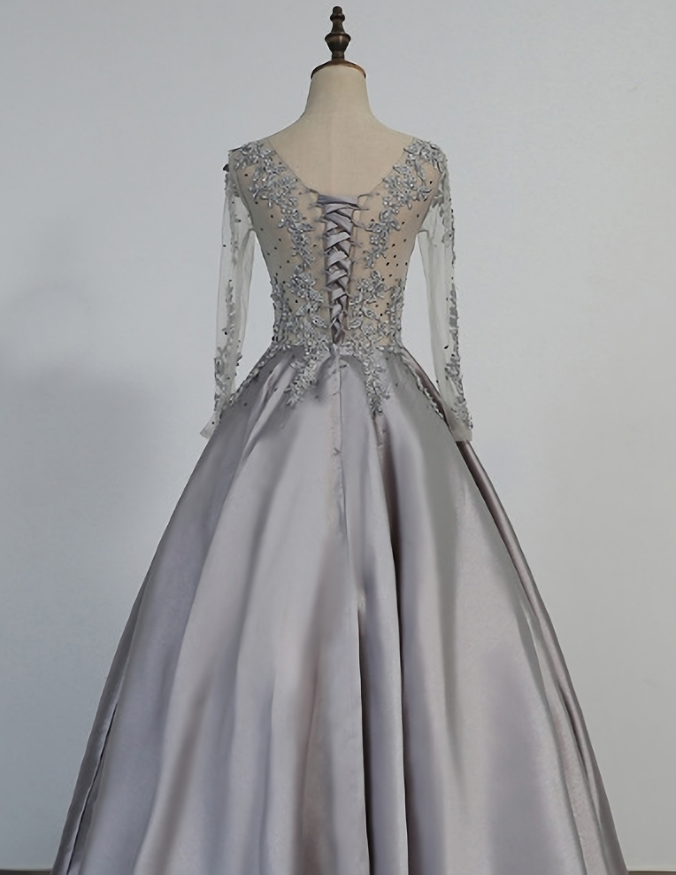 Elegant Long Sleeve Satin Formal Prom Dress, Beautiful Long Prom Dress, Banquet Party Dress