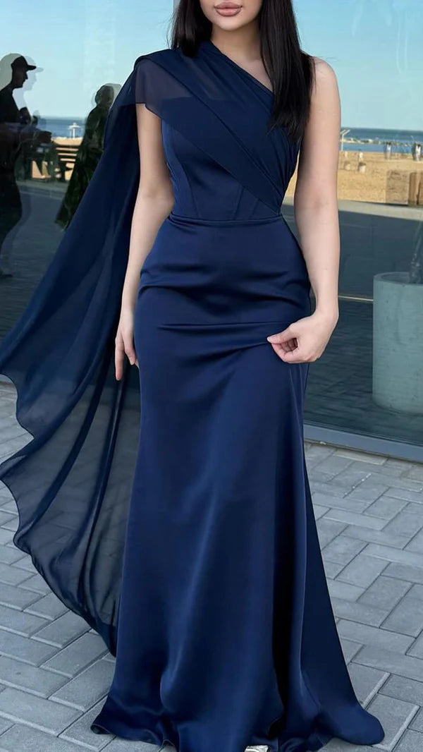 Elegant Navy One-Shoulder Chiffon Cape Ruched Mermaid Maxi Evening Dress