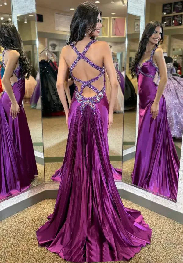 Luxurious Magenta Cross-Back Rhinestone Mermaid Train Formal Gown