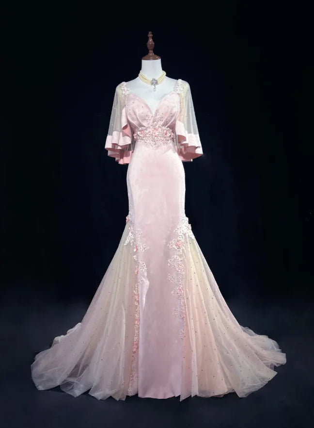 Elegant Pink Ombre Lace Capelet V-Neck Mermaid Train Prom Dresses