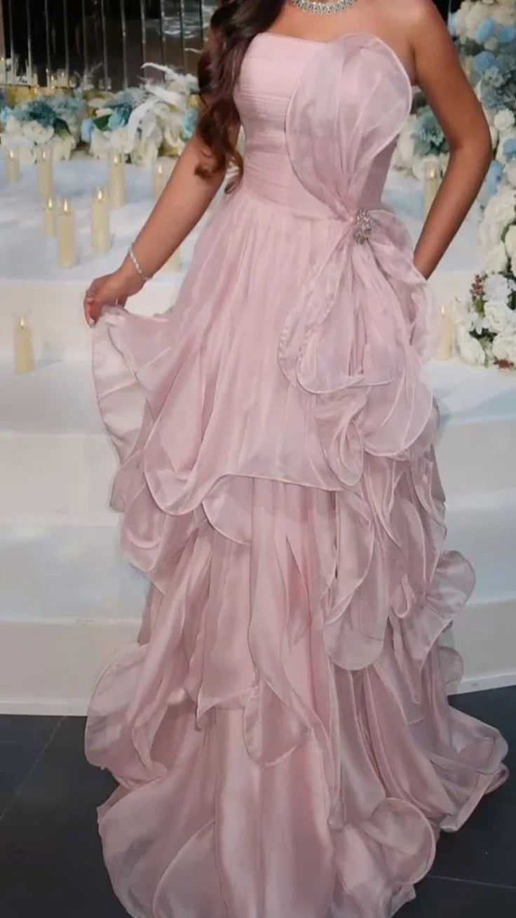 Romantic Blush Strapless Ruffled Chiffon Maxi Formal Prom Dresses