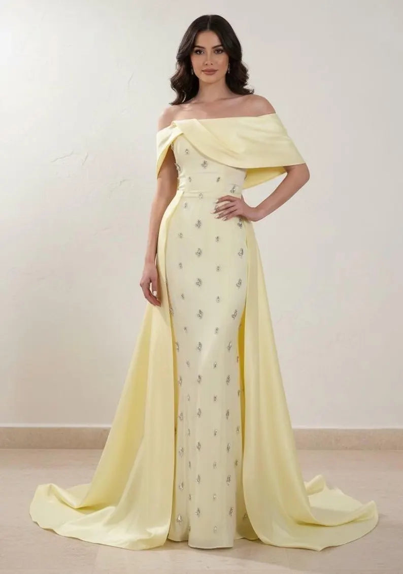 Elegant Yellow Off-Shoulder Crystal Embellished Mermaid Train Formal Gown