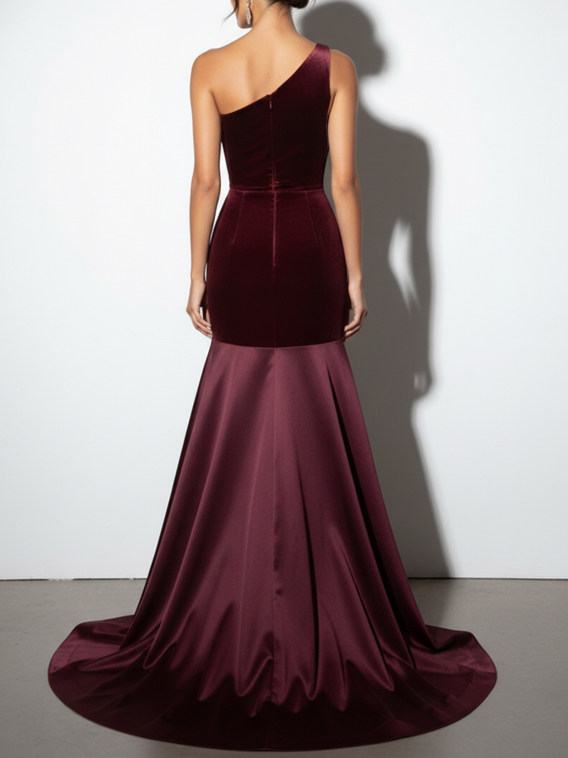 Luxurious Burgundy One-Shoulder Velvet-Satin Mermaid Train Formal Gown