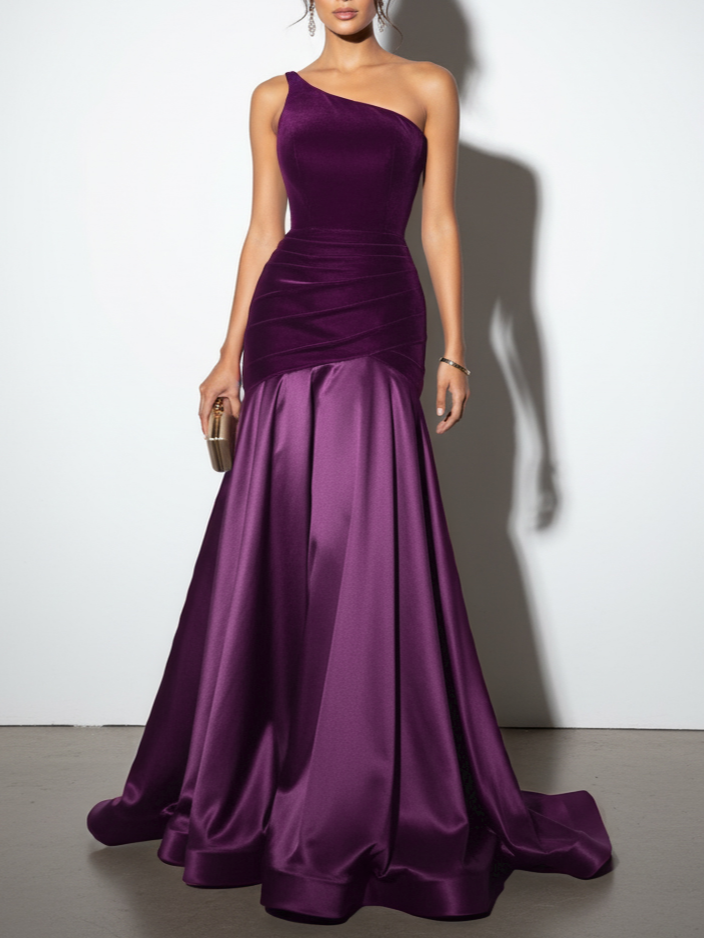Luxurious Burgundy One-Shoulder Velvet-Satin Mermaid Train Formal Gown