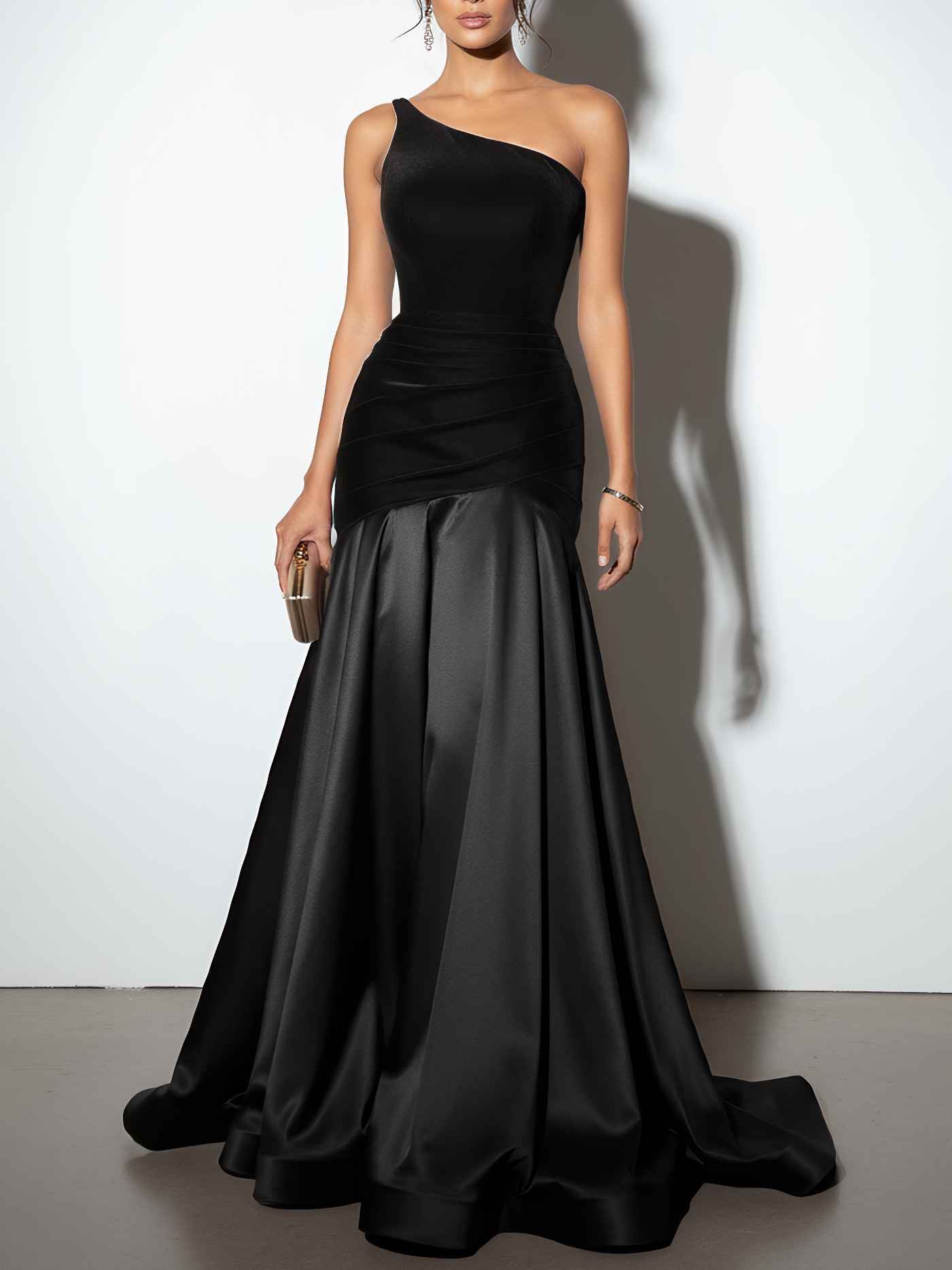 Luxurious Burgundy One-Shoulder Velvet-Satin Mermaid Train Formal Gown