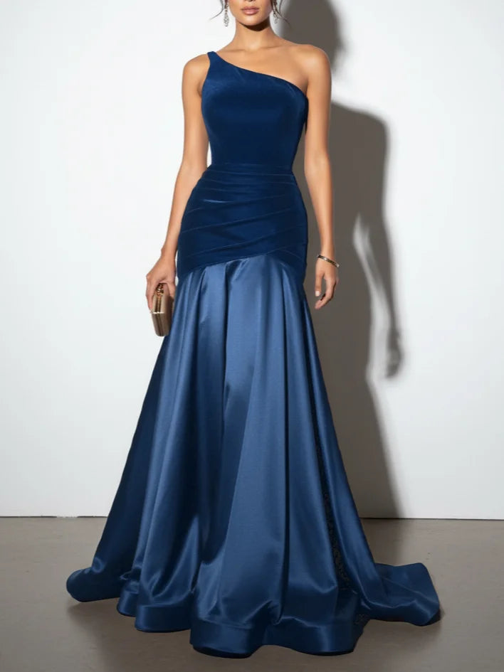 Luxurious Burgundy One-Shoulder Velvet-Satin Mermaid Train Formal Gown