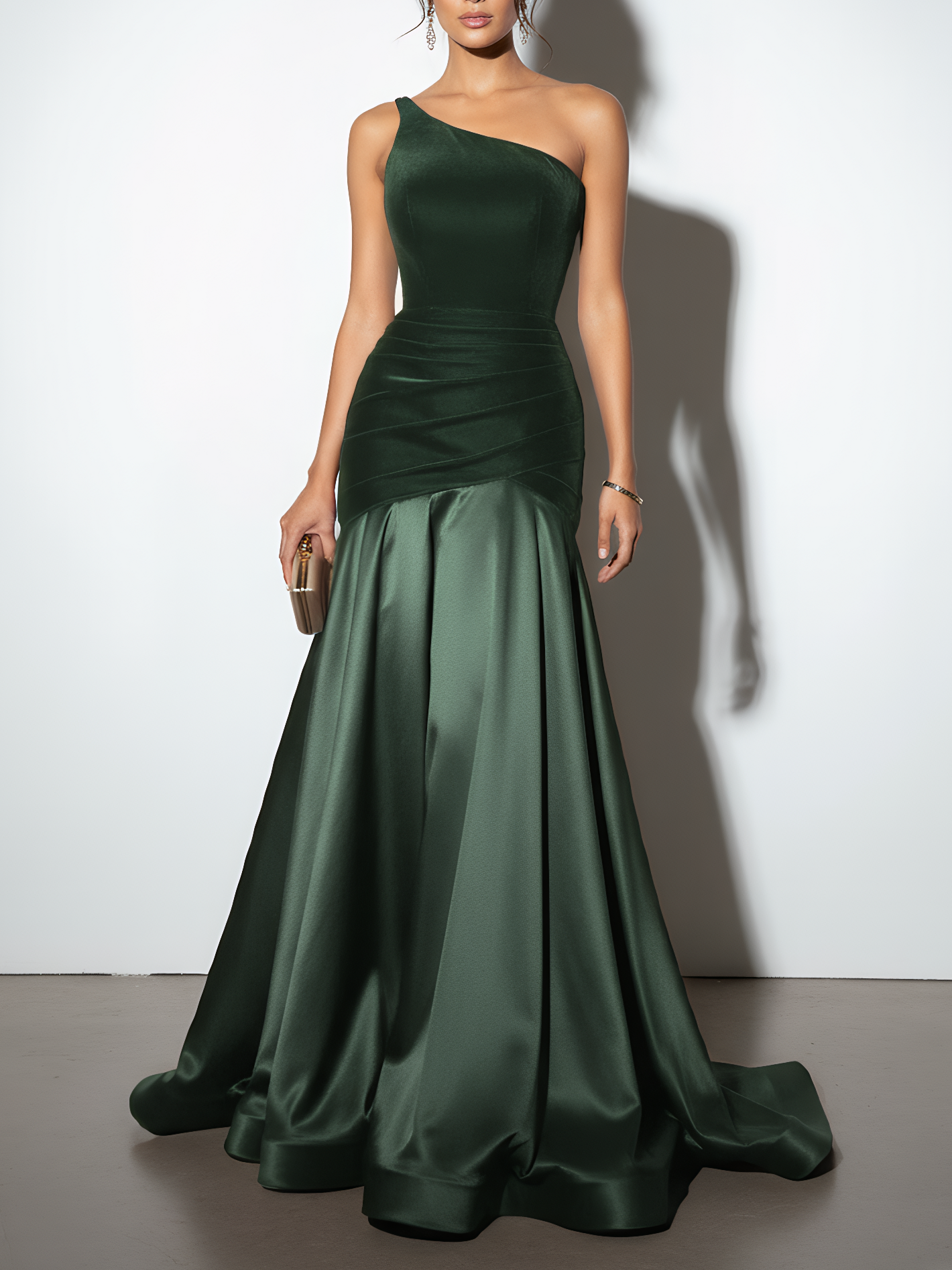 Luxurious Burgundy One-Shoulder Velvet-Satin Mermaid Train Formal Gown