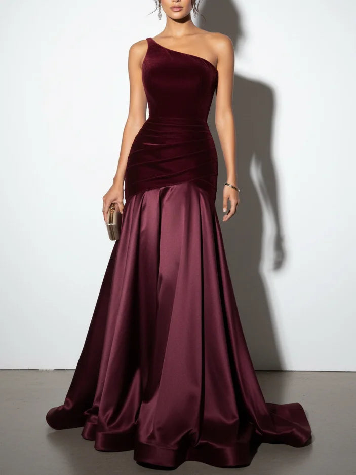 Luxurious Burgundy One-Shoulder Velvet-Satin Mermaid Train Formal Gown
