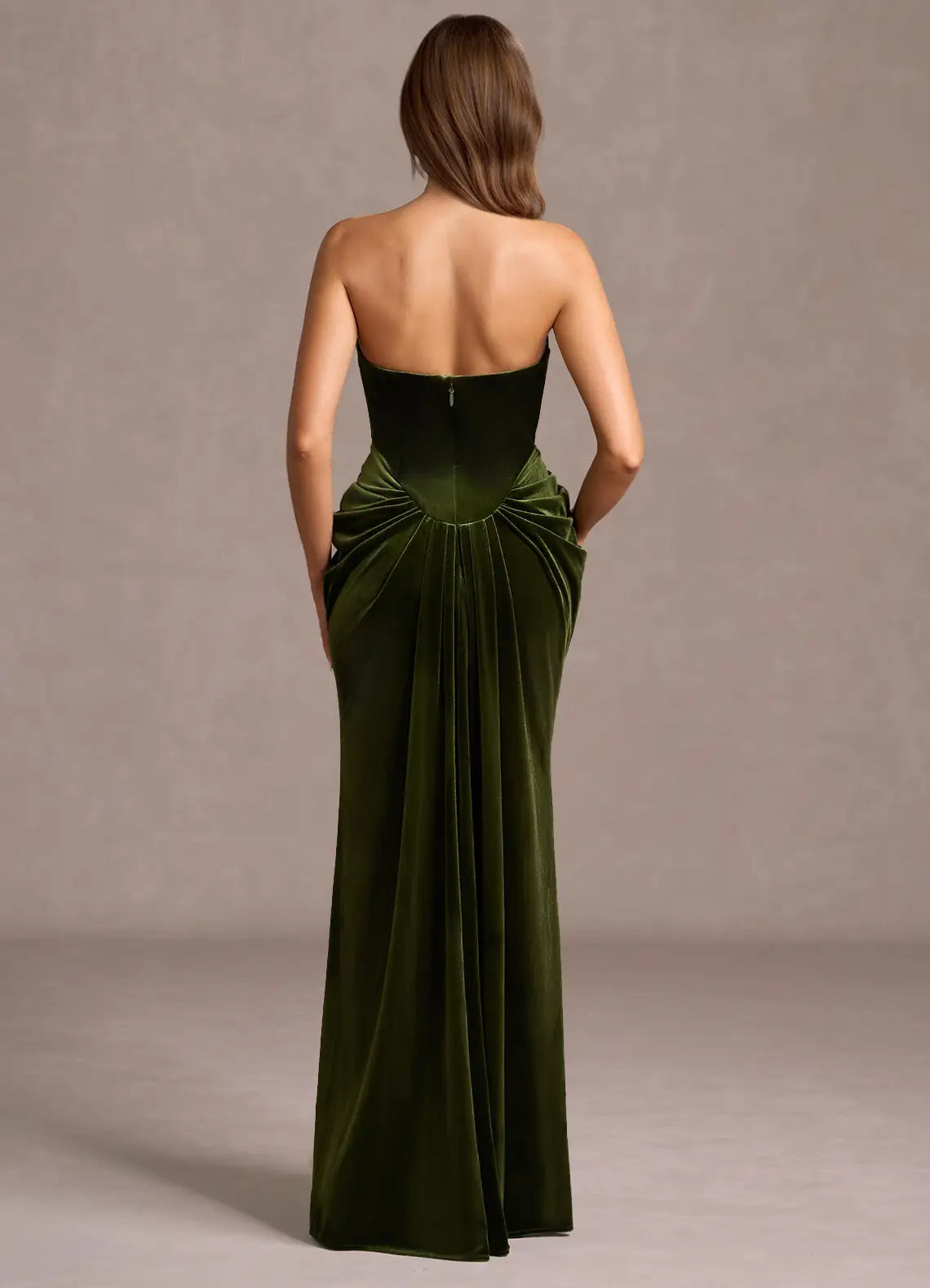 Elegant Olive Green Strapless Ruched Velvet Mermaid Formal Gown