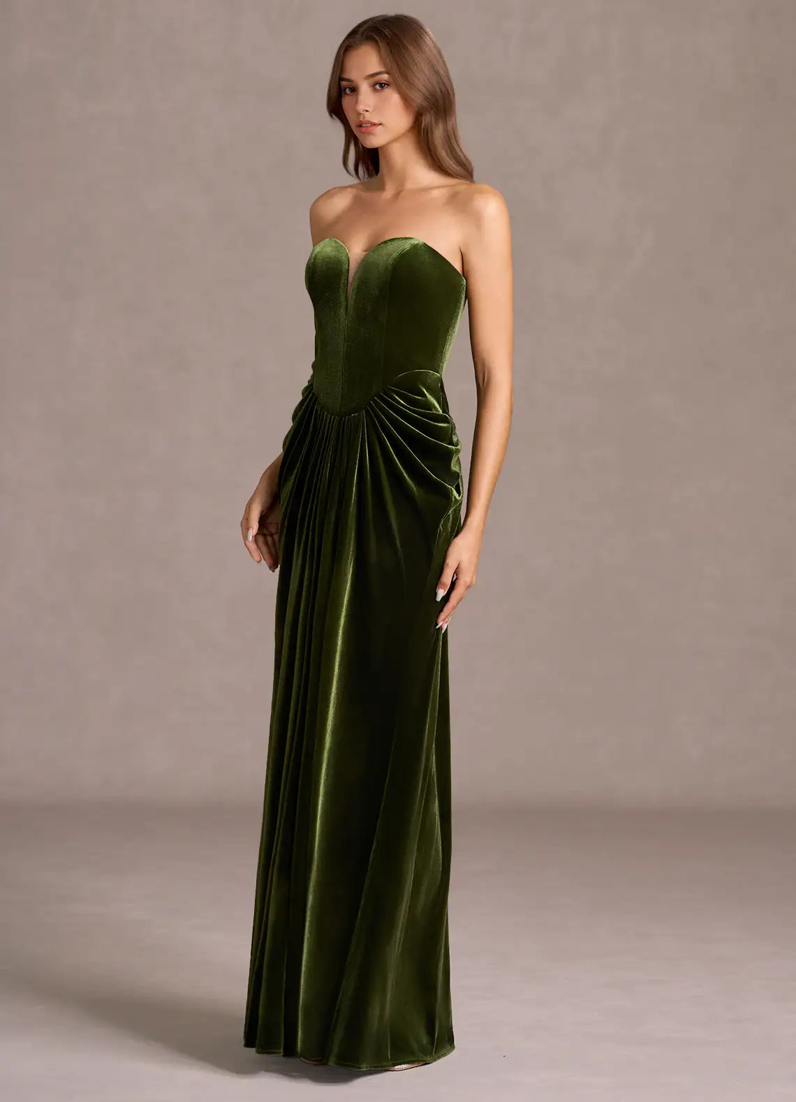 Elegant Olive Green Strapless Ruched Velvet Mermaid Formal Gown