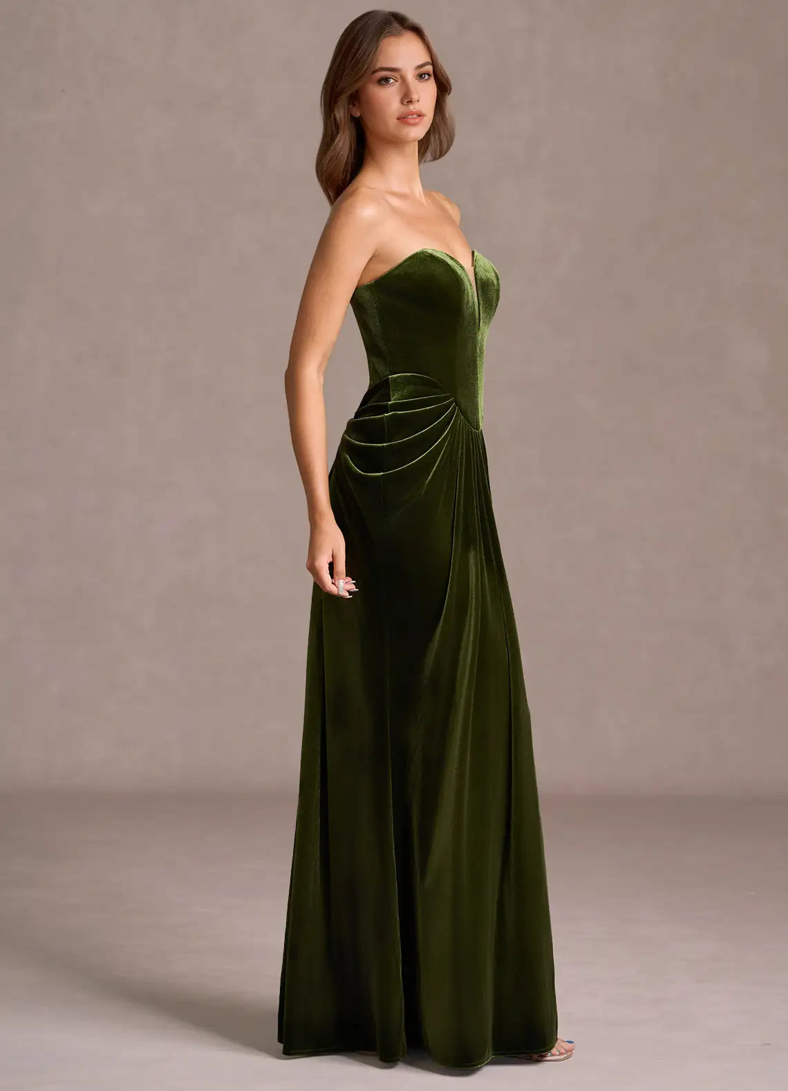 Elegant Olive Green Strapless Ruched Velvet Mermaid Formal Gown