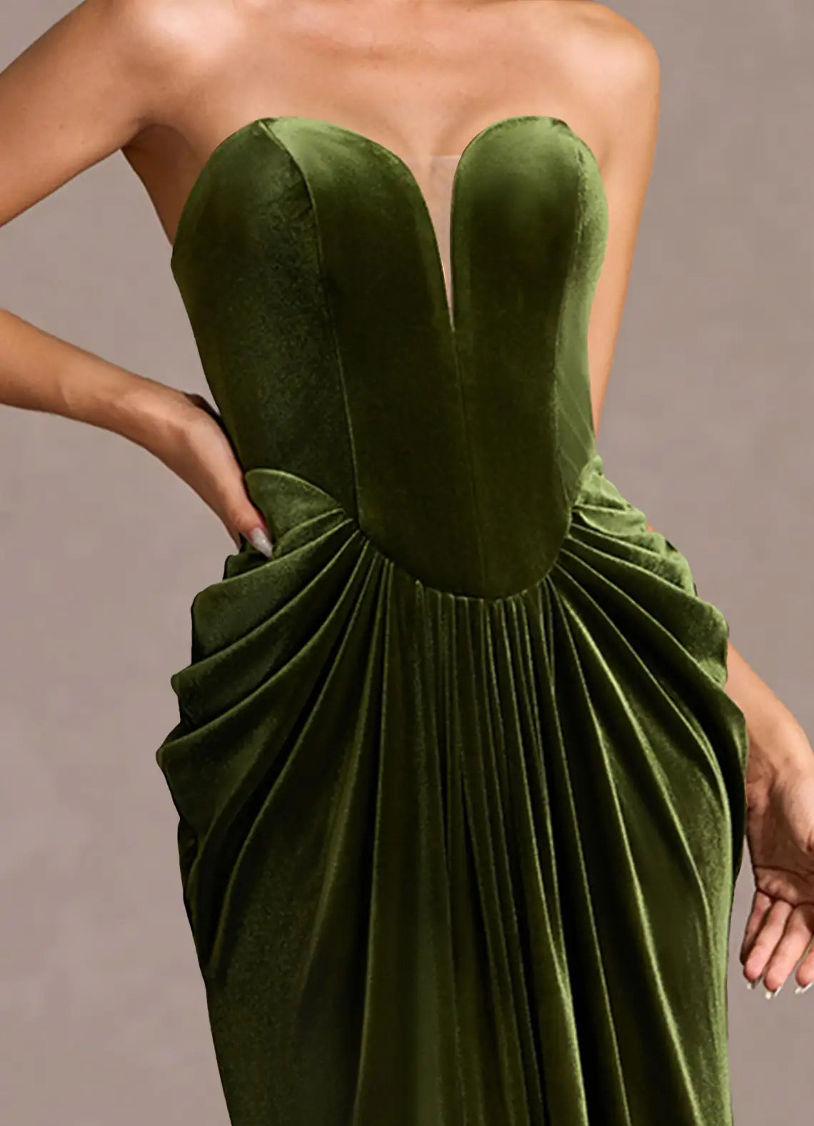 Elegant Olive Green Strapless Ruched Velvet Mermaid Formal Gown