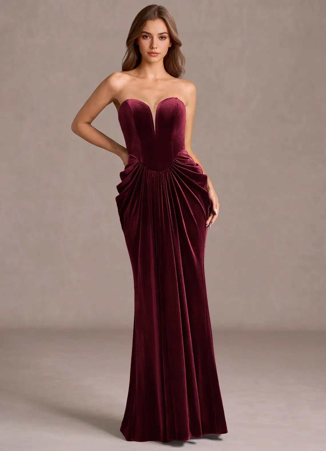 Elegant Olive Green Strapless Ruched Velvet Mermaid Formal Gown