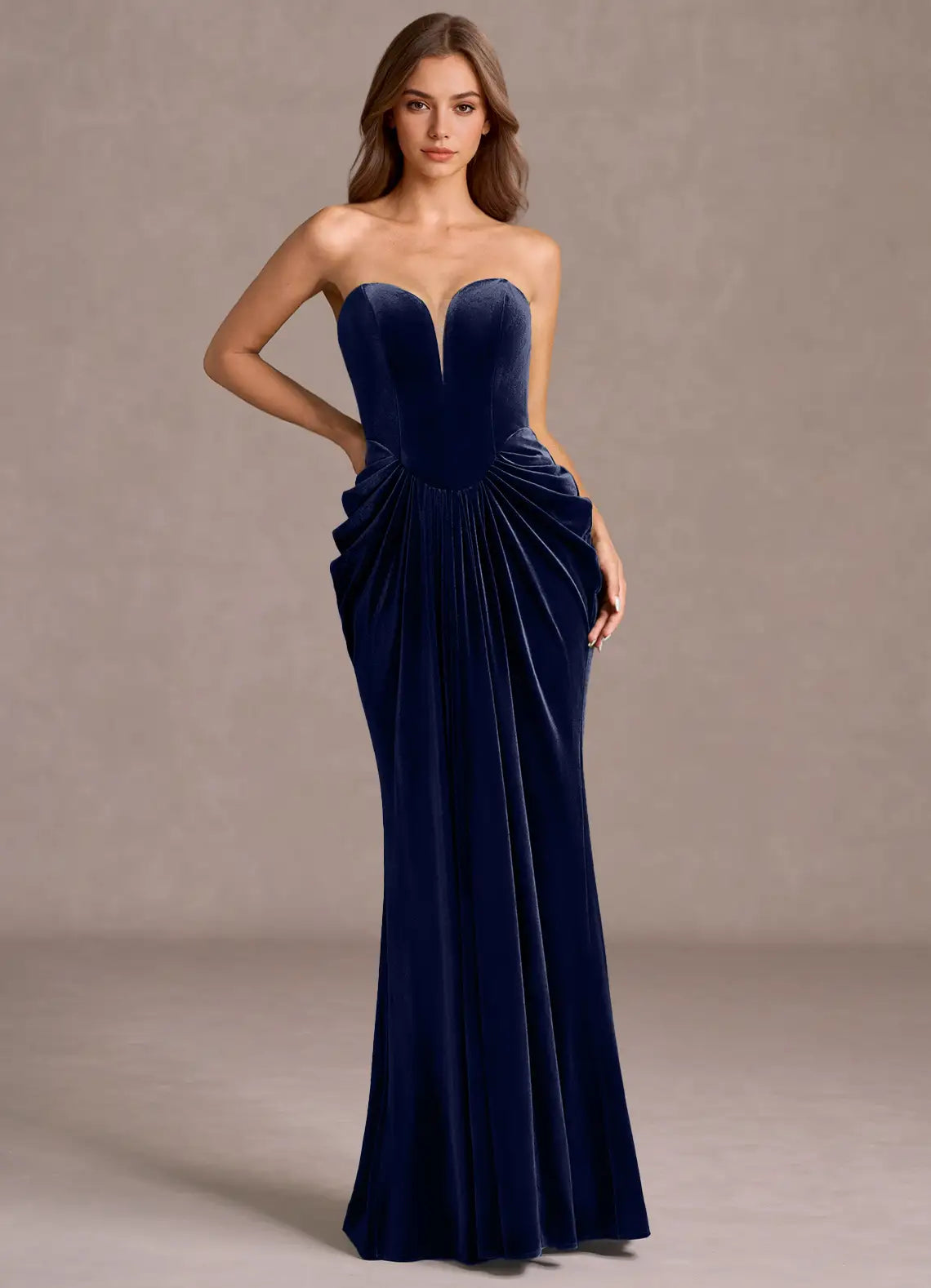 Elegant Olive Green Strapless Ruched Velvet Mermaid Formal Gown