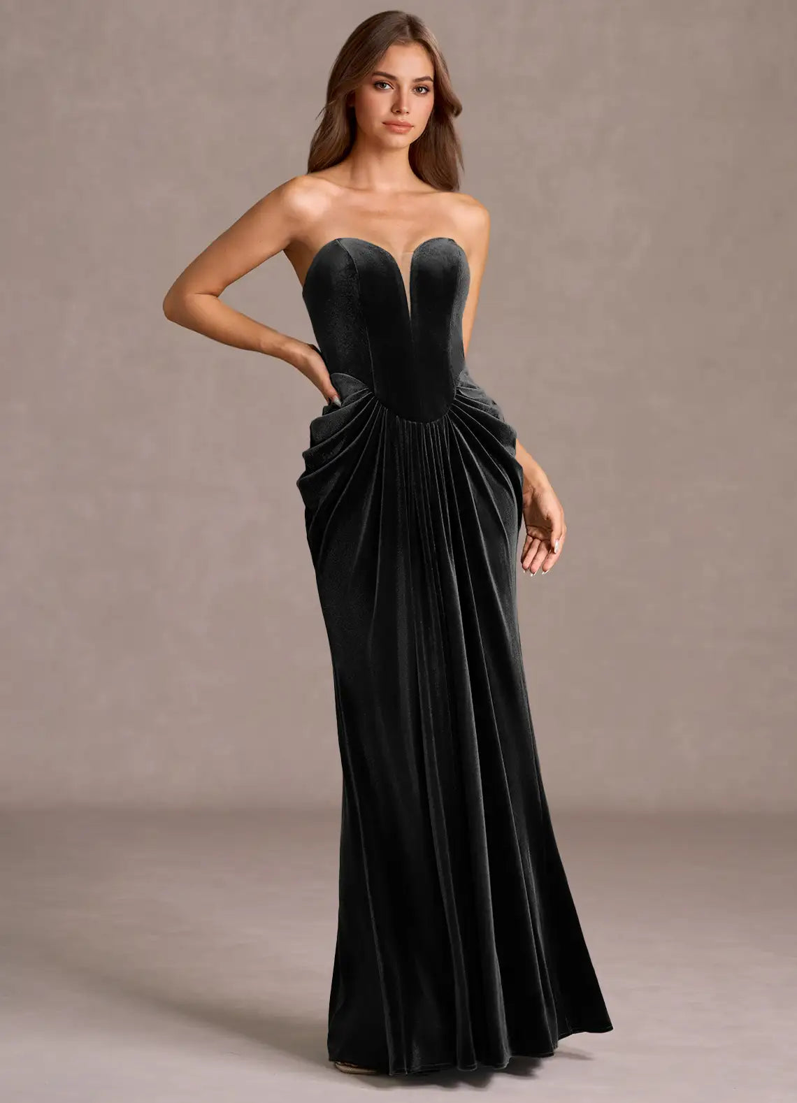 Elegant Olive Green Strapless Ruched Velvet Mermaid Formal Gown
