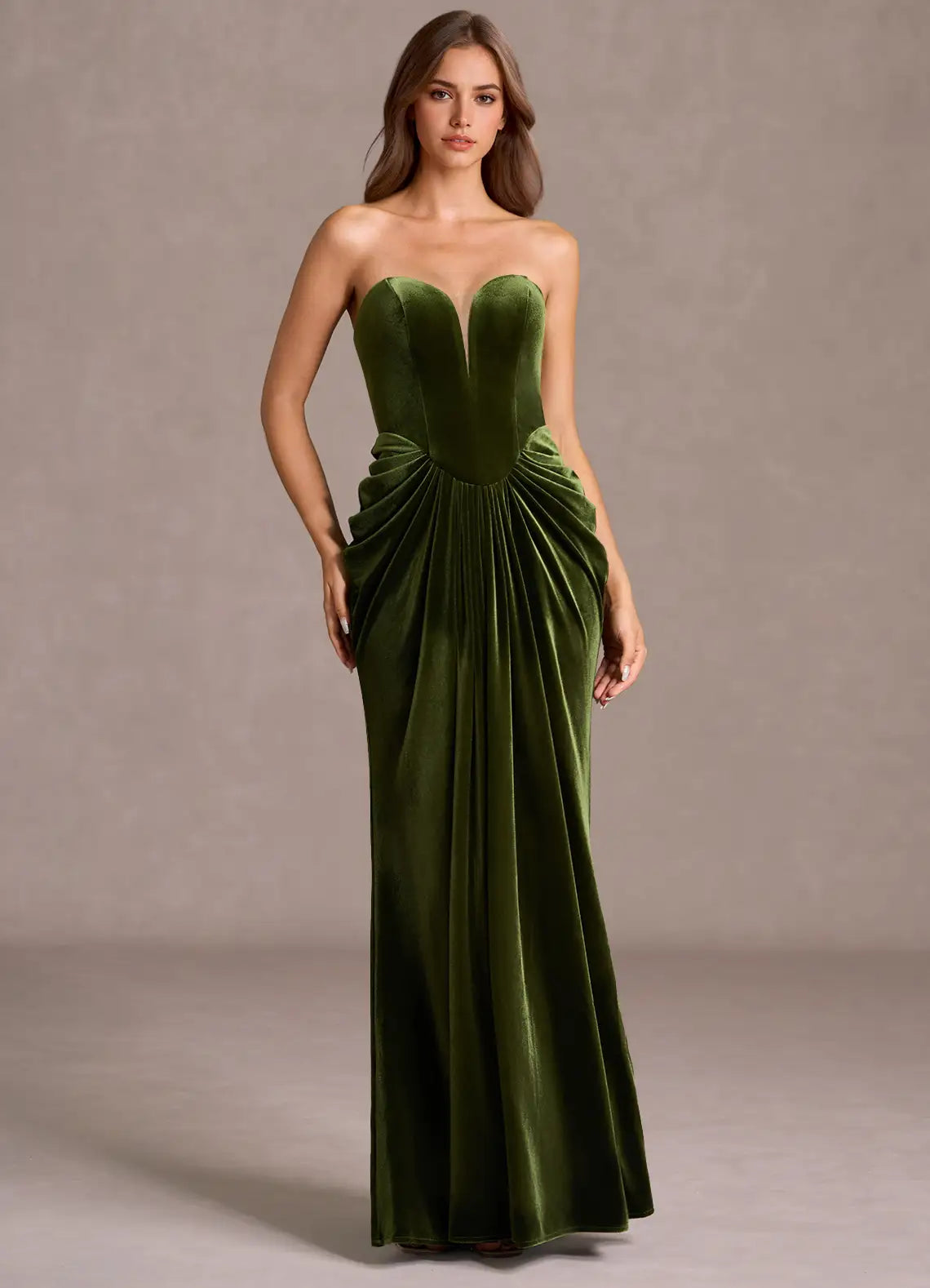 Elegant Olive Green Strapless Ruched Velvet Mermaid Formal Gown