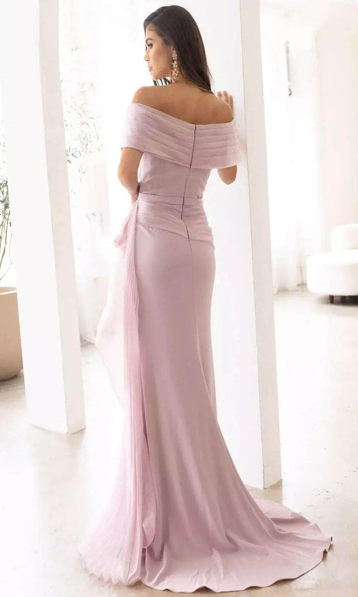 Elegant Blush Off-Shoulder Ruched Satin Mermaid Train Formal Gown