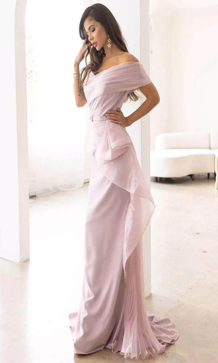 Elegant Blush Off-Shoulder Ruched Satin Mermaid Train Formal Gown