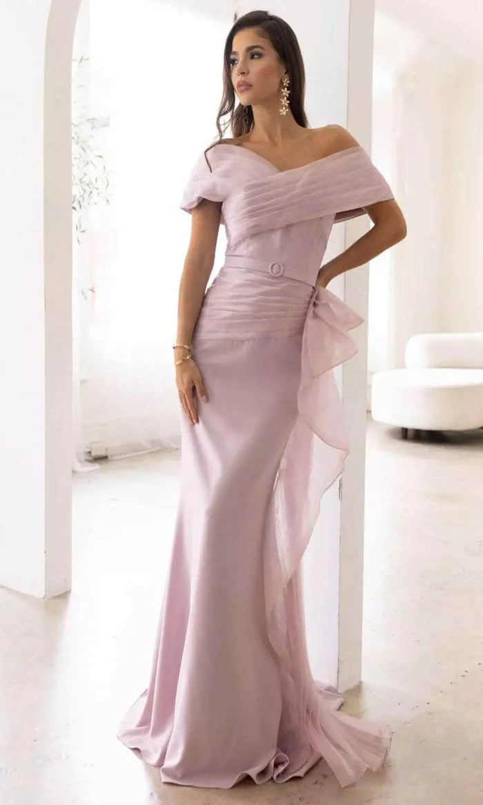 Elegant Blush Off-Shoulder Ruched Satin Mermaid Train Formal Gown
