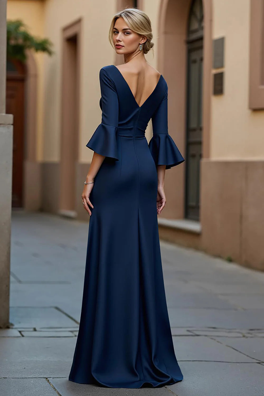 Sophisticated Navy V-Neck Bell-Sleeve Ruched Maxi Formal Dress