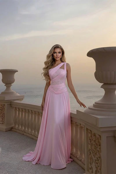 Beautiful Pink One Shoulder Chiffon Sleeveless Prom Dress A-Line Long – BL Dress