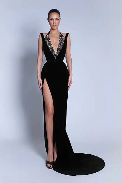 Glamorous Black Velvet Crystal-Trim Halter High-Slit Train Formal Gown