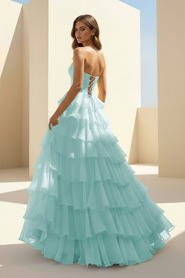 Chic Strapless Lace-Top Tiered Ruffled High-Slit Formal Gown